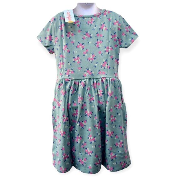 NWT Cat & Jack Girl's Fit & Flare Green Floral Short Sleeve Dress with Pockets - Picture 3 of 7